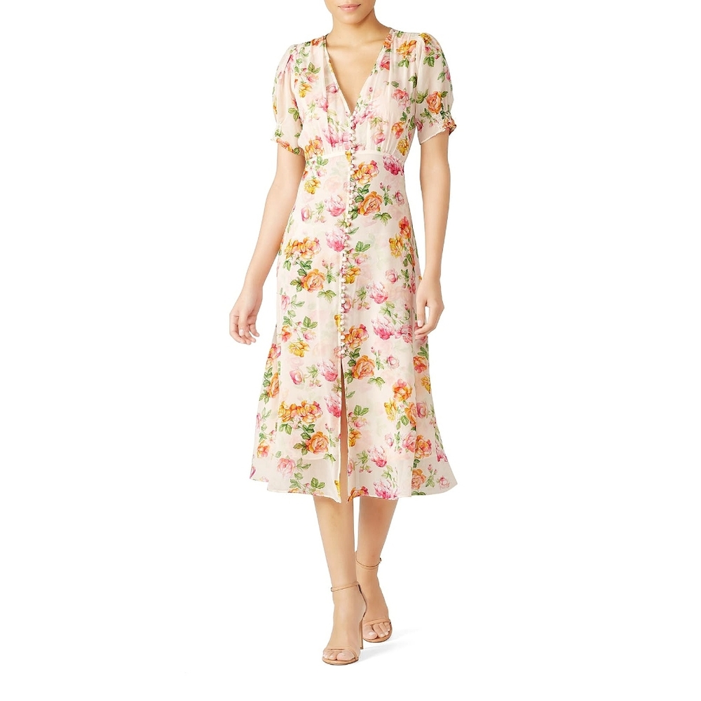 The Kooples Antique Florals Silk Puff Sleeve Slip Midi Dress - Picture 2 of 13